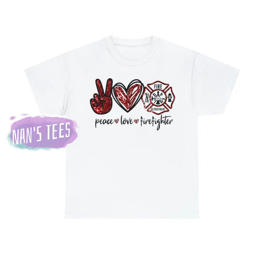 Peace Love Firefighter Short Sleeve Unisex Heavy Cotton Graphic Tee White / S T-Shirt