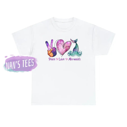 Peace Love Mermaids Short Sleeve Unisex Heavy Cotton Graphic Tee White / S T-Shirt