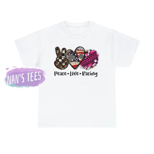 Peace Love Racing Short Sleeve Unisex Heavy Cotton Graphic Tee White / S T-Shirt