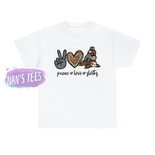 Peace Love Sloths Short Sleeve Unisex Heavy Cotton Graphic Tee White / S T-Shirt