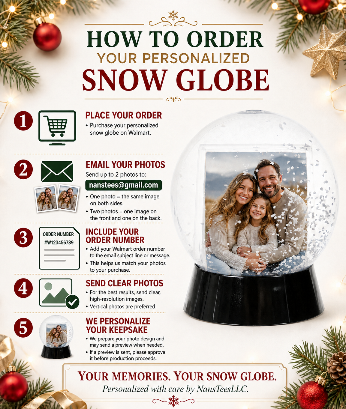 Personalized Photo Snow Globe, Double-Sided Custom Picture Keepsake
