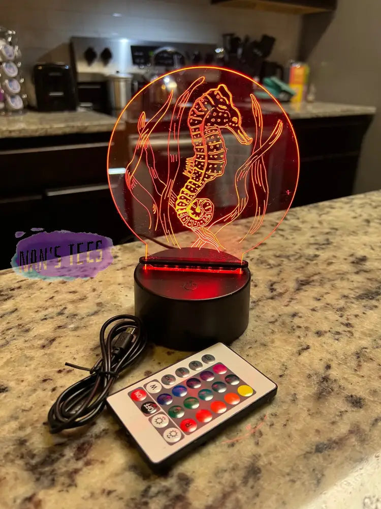 Seahorse Engraved Clear Acrylic 3D Led Night Light With Base And Remote