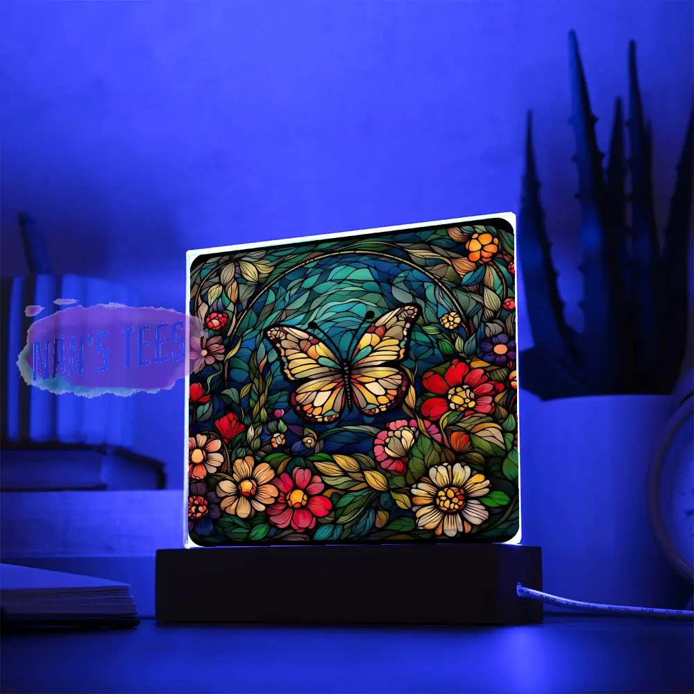 Stained Glass Butterfly Acrylic Square Plaque With Led Base Home Decor