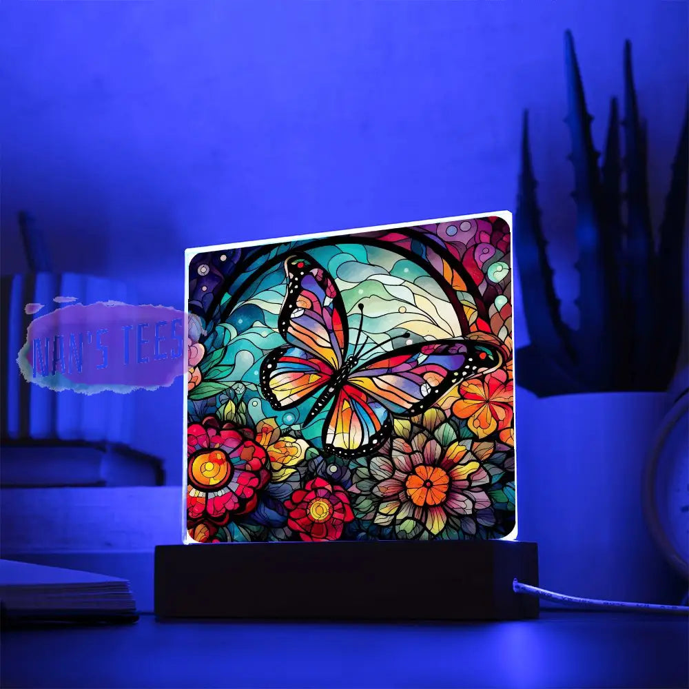 Stained Glass Butterfly Acrylic Square Plaque With Led Base Home Decor