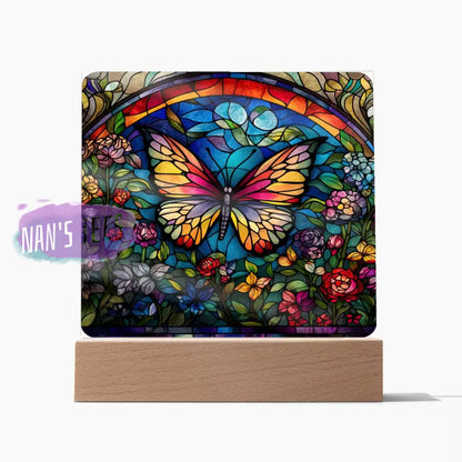 Stained Glass Butterfly Acrylic Square Plaque Wooden Base Home Decor