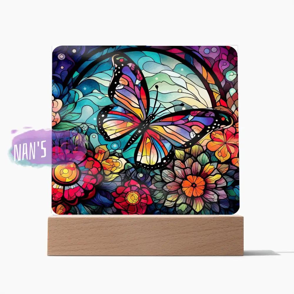 Stained Glass Butterfly Acrylic Square Plaque Wooden Base Home Decor