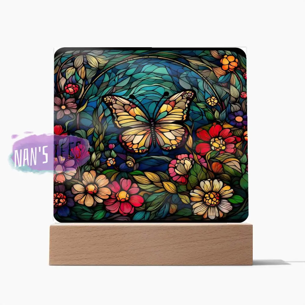 Stained Glass Butterfly Acrylic Square Plaque Wooden Base Home Decor