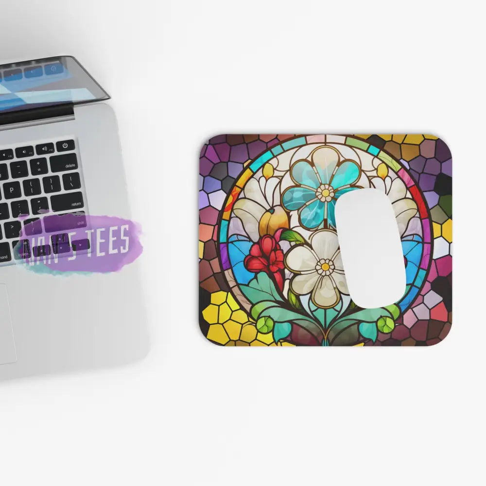 Stained Glass Flower Novelty Mouse Pad | Non-Slip Rubber Base Computers Laptop Office Home Decor