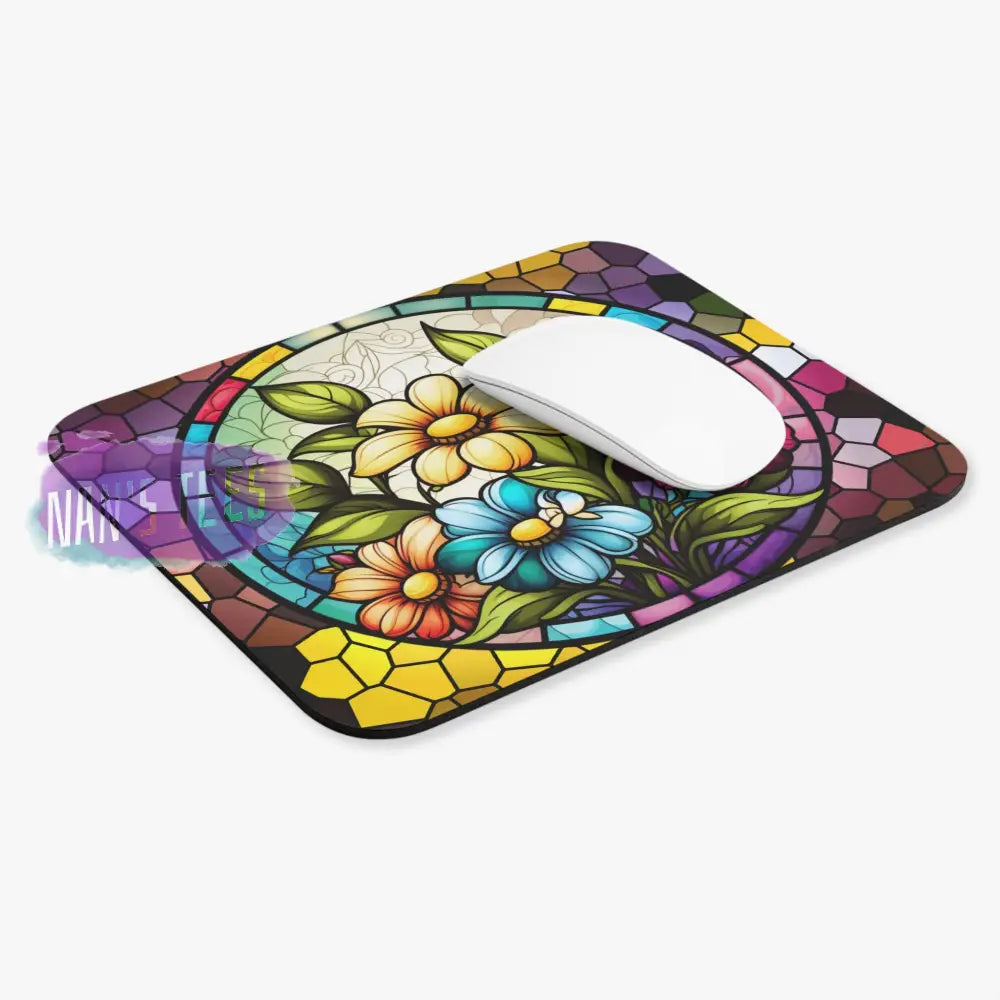 Stained Glass Flower Novelty Mouse Pad | Non-Slip Rubber Base Computers Laptop Office Home Decor