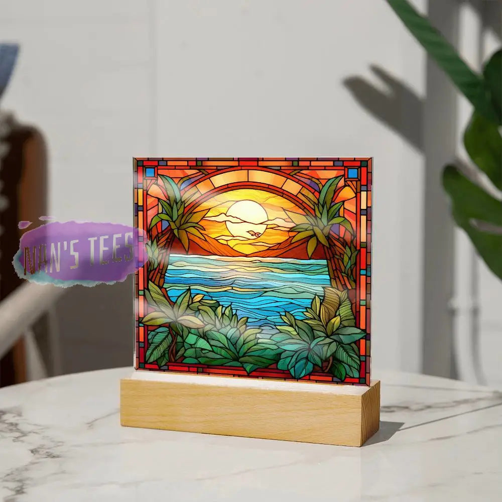 Stained Glass Summer Beach Scene Acrylic Square Plaque Home Decor