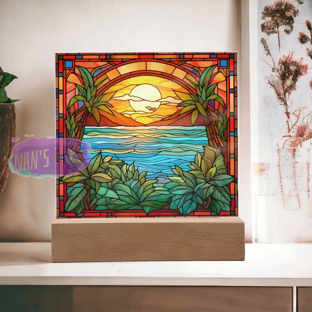 Stained Glass Summer Beach Scene Acrylic Square Plaque Home Decor