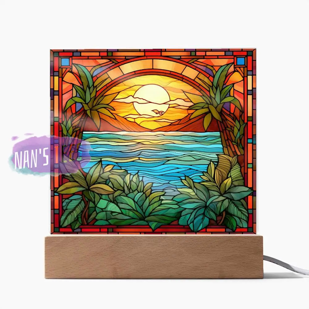 Stained Glass Summer Beach Scene Acrylic Square Plaque Home Decor