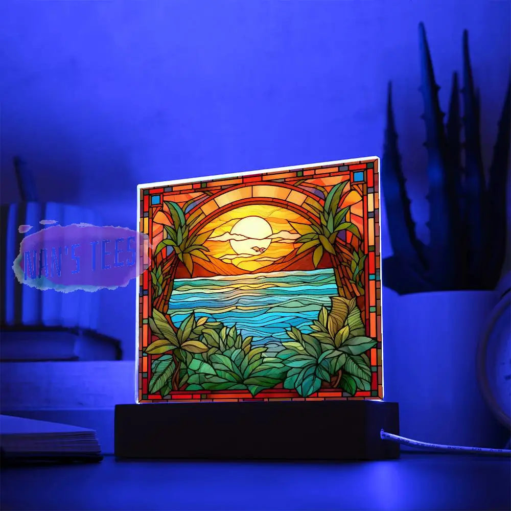 Stained Glass Summer Beach Scene Acrylic Square Plaque With Led Base Home Decor