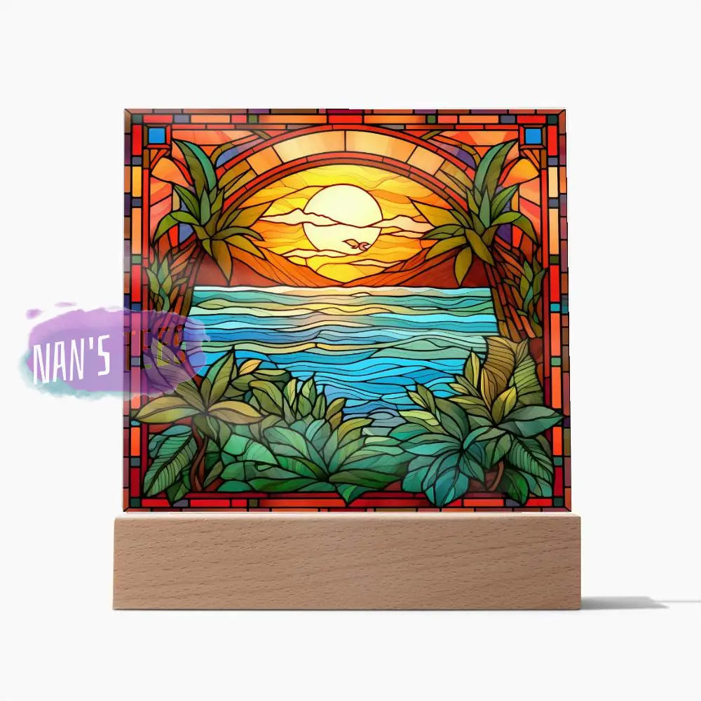 Stained Glass Summer Beach Scene Acrylic Square Plaque Wooden Base Home Decor